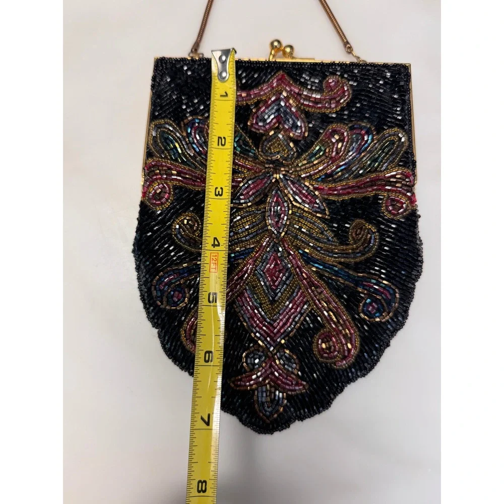 Andre Cellini Vintage Beaded Evening Bag Black Art Deco Gold Kiss‎ Lock Clutch